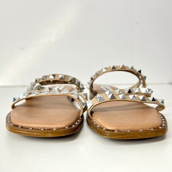 NWOT Sz 8.5 - Steve Madden Skyler Silver Stud 4-Strap Tan Slip-On Sandals - Picture 6 of 13